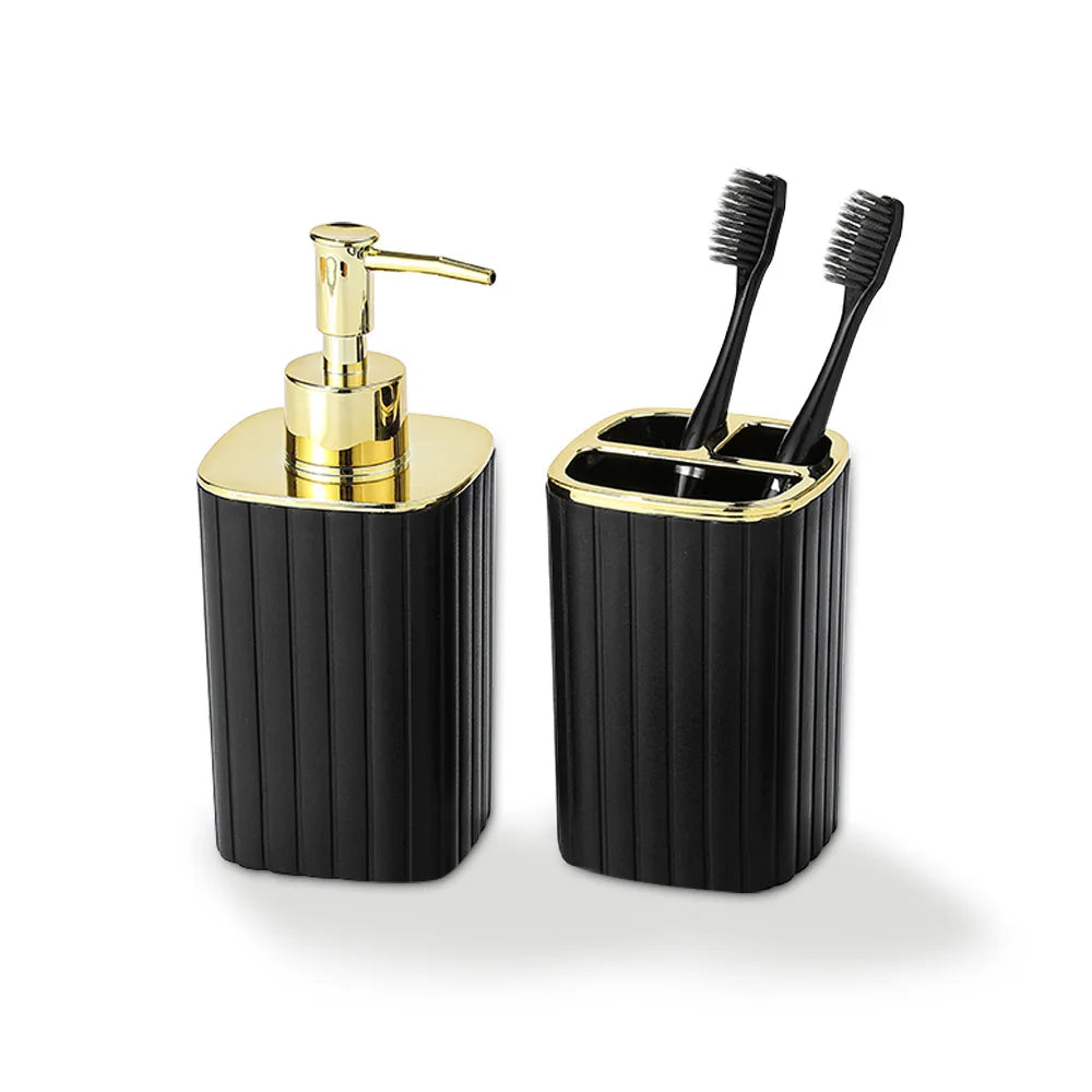 porte brosses dents distribiteur savon moderne noir or blanc or texturé vertical salle bain