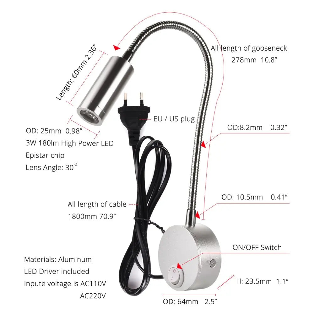 lampe chevet flexible moderne argentée noir interrupteur on off gooseneck brillant chambre minimaliste