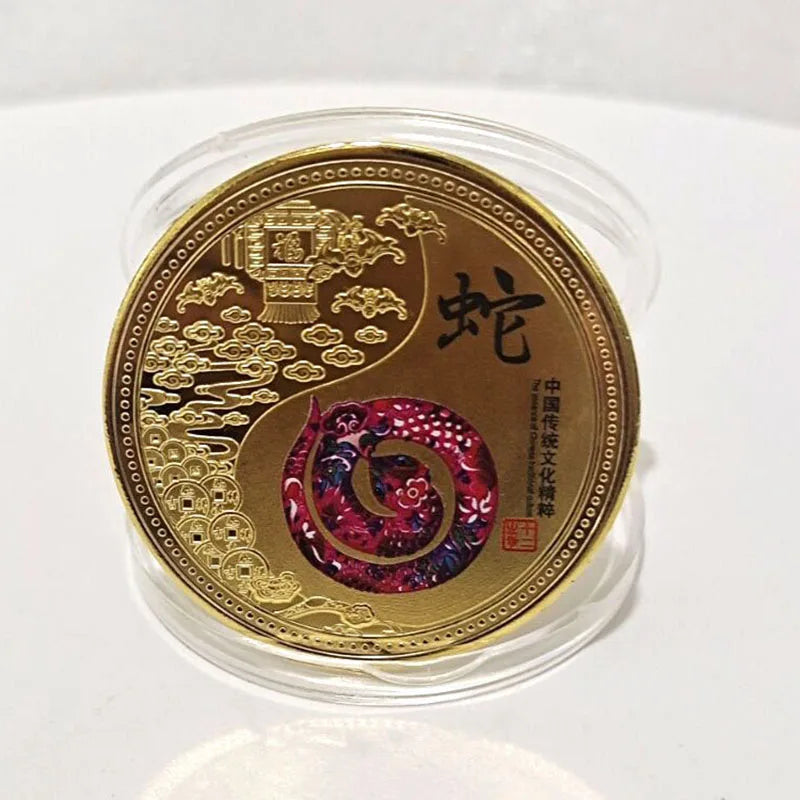 médailles zodiaque chinois animaux symboles yin yang decoration florale or rouge noire bleu verte