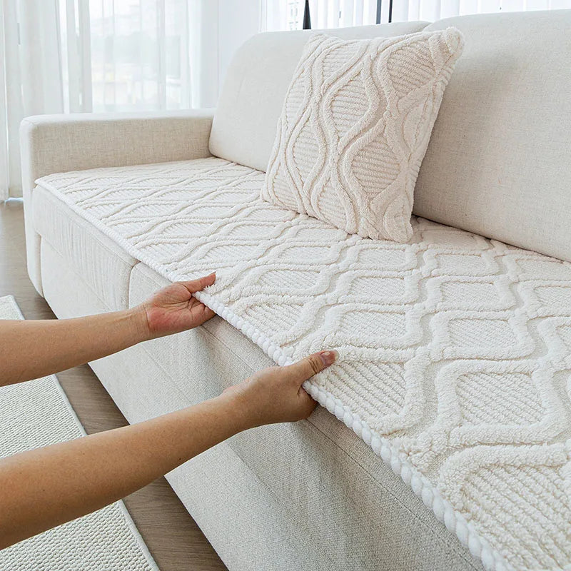 coussin canapé beige clair motif géométrique moderne fixation textile doux maison hiver