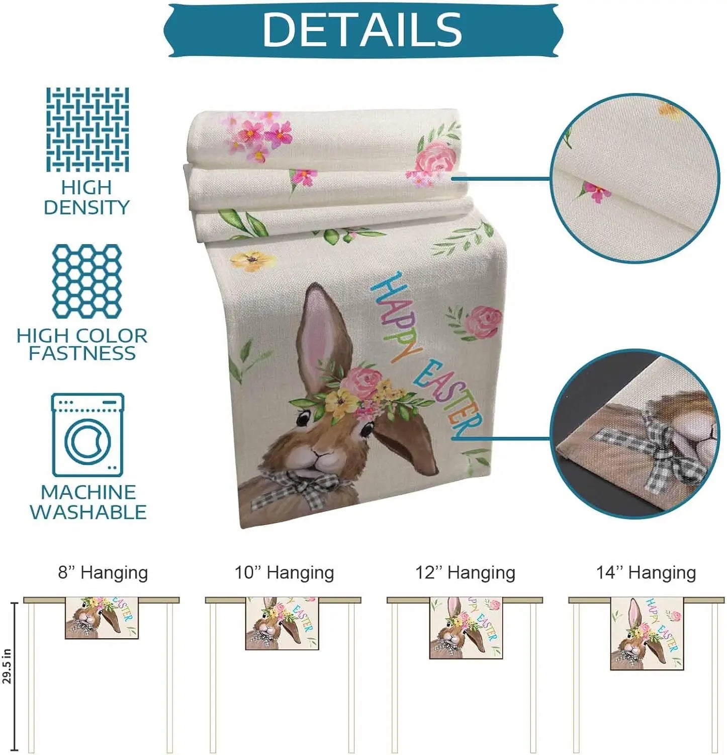 Image d'un sac décoratif suspendu avec un motif de fleurs et un lapin mignon. Le sac est disponible en différentes tailles et offre une haute densité, une couleur vive et un lavage en machine.