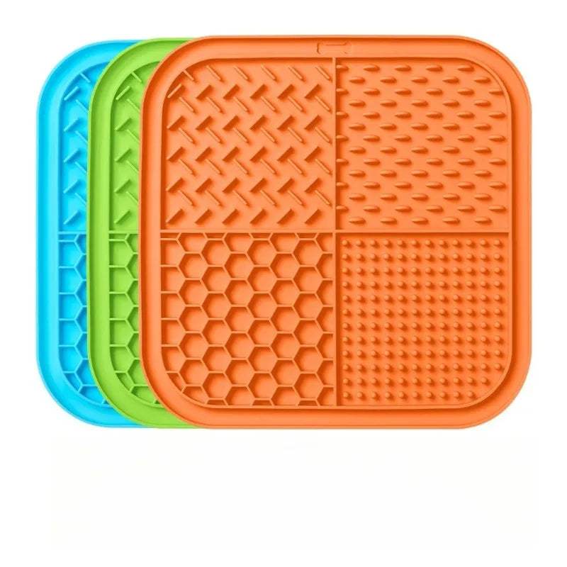 tapis léchage silicone animaux chiens chats distraction bain ventouses hexagones violet bleu orange moderne