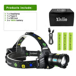 lampe frontale led rechargeable 18650 batteries zoom ajustable indicateur batterie bandes élastiques multifonction camping