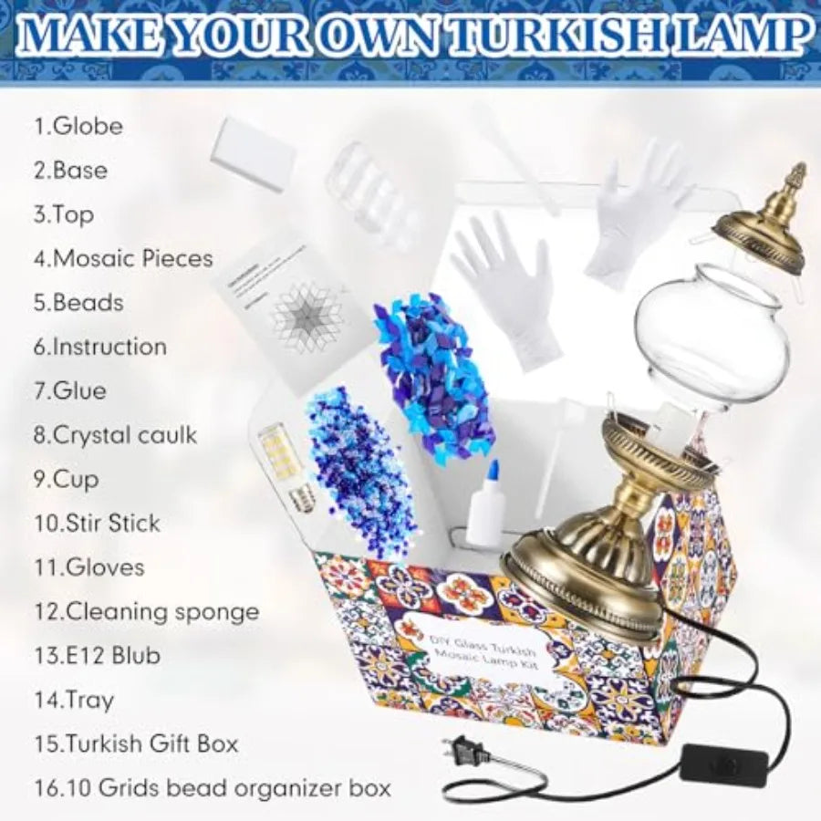 kit diy lampe turque mosaïque verre bleu blanc doré étoile losange transparent artisanal