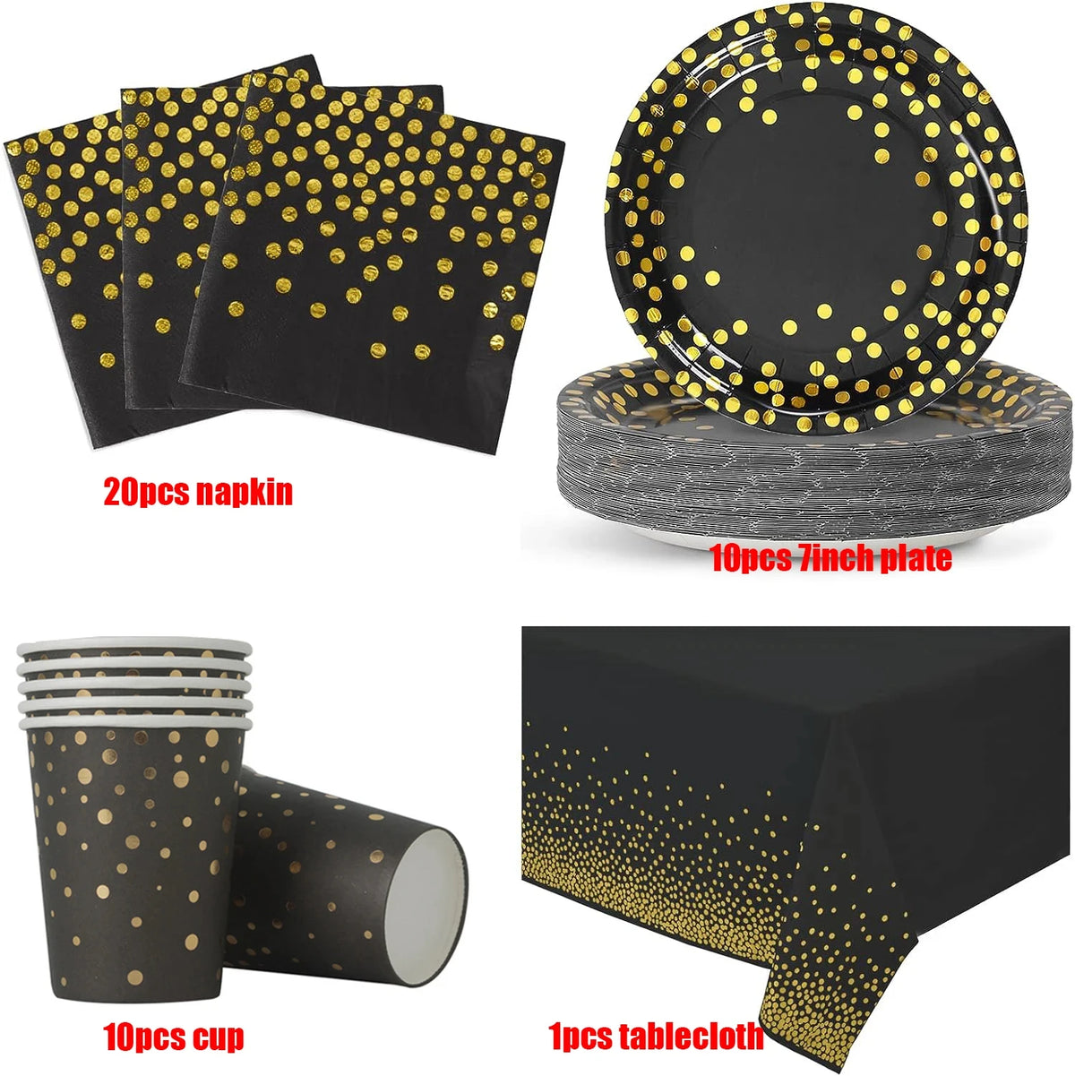 assiettes noires points dorés cuillères fourchettes couteaux gobelets serviettes tablecloth festif jetables moderne