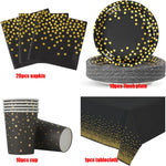 assiettes noires points dorés cuillères fourchettes couteaux gobelets serviettes tablecloth festif jetables moderne