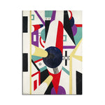 Composition abstraite dynamique avec formes géométriques colorées et graphiques.