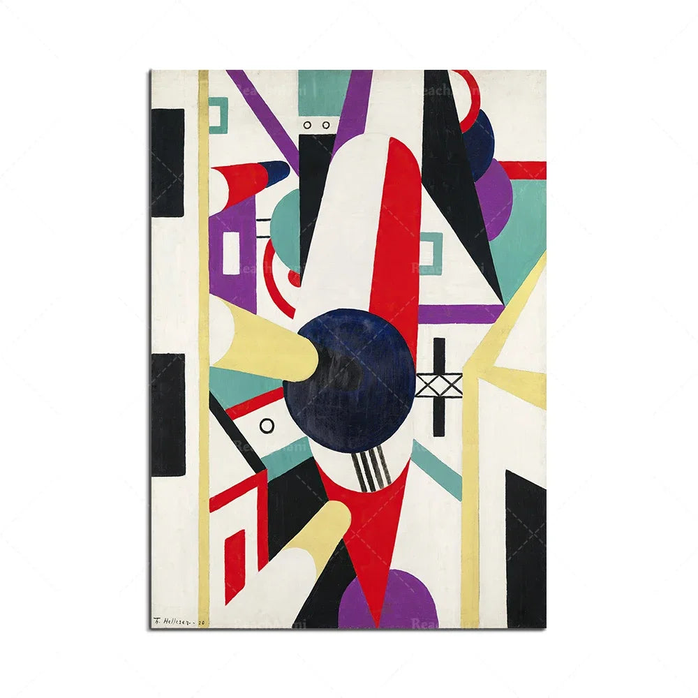 Composition abstraite dynamique avec formes géométriques colorées et graphiques.