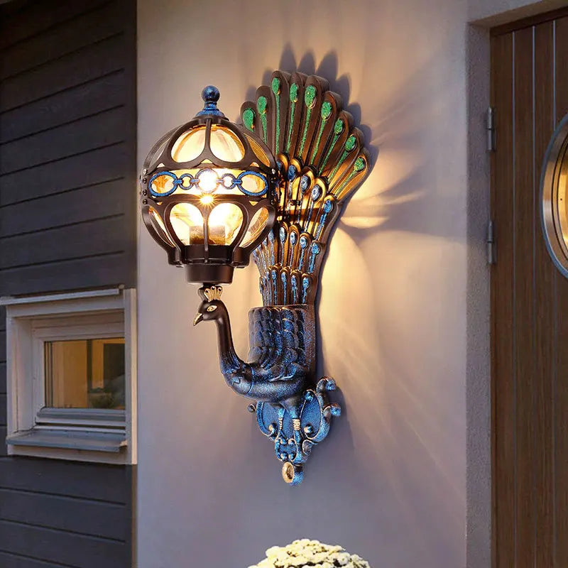 applique murale art nouveau oiseau stylisé bleu doré plumes éclairage maison ip65