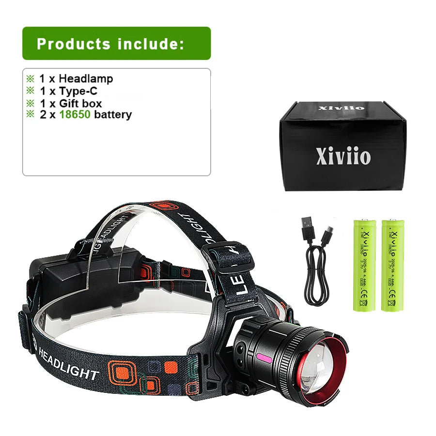 lampe frontale led rechargeable moderne bande élastique zoom noir rouge vert