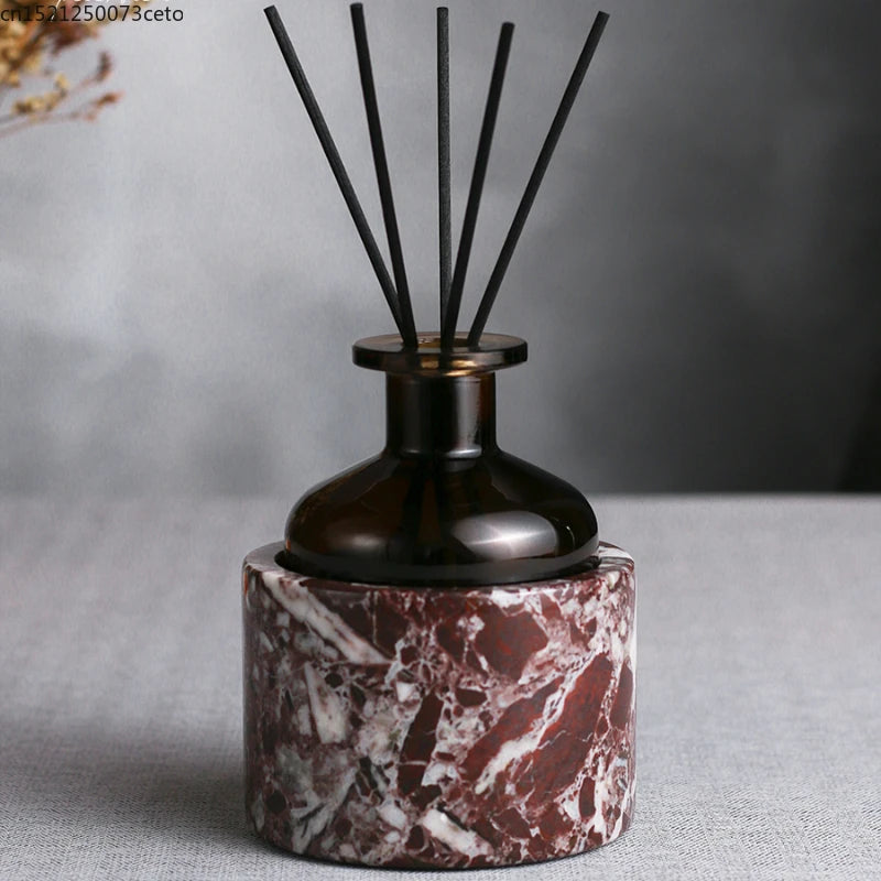 ensemble accessoires salle bain marbre violet plateau distributeur savon pot pinceau diffuseur huiles