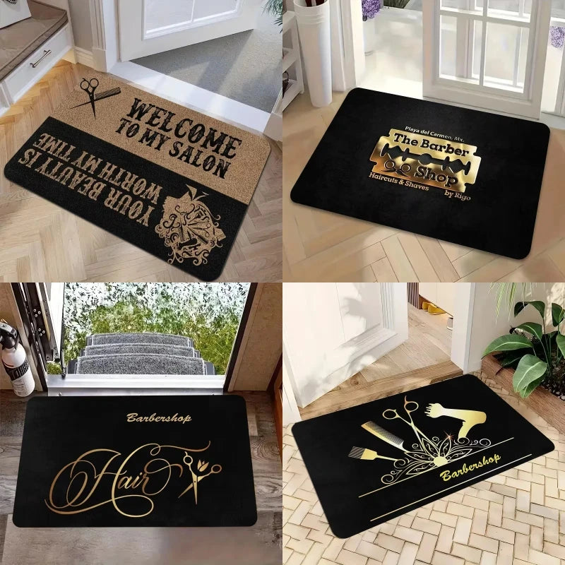 tapis salon moderne noir beige doré lettrage ciseaux floral imperméable antidérapant polyester