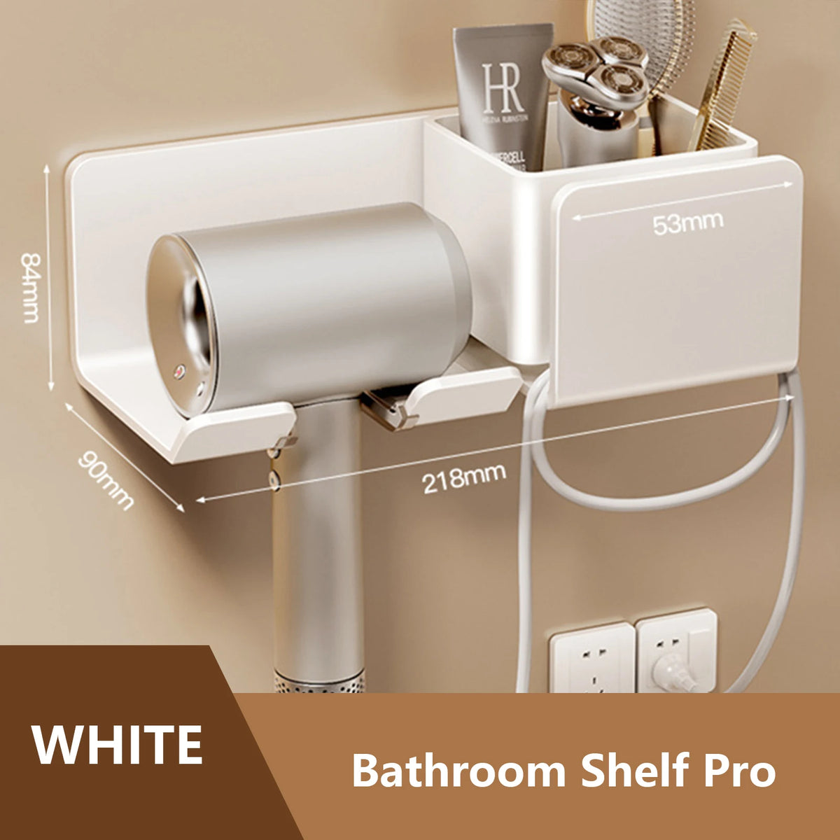 séchoir cheveux support mural blanc gris rose moderne étagère salle bain câble prise électrique