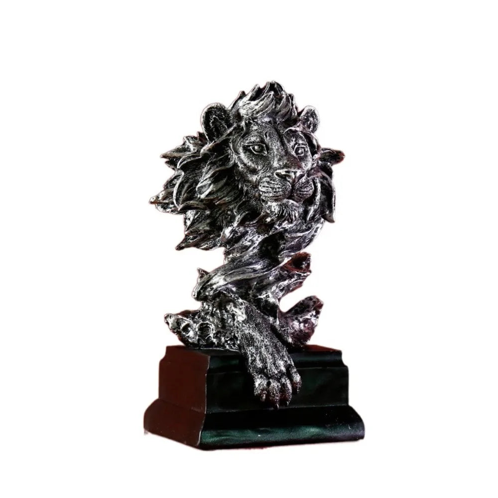 statue lion décorative bois imitation détaillée moderne ornement entrée beige doré argenté
