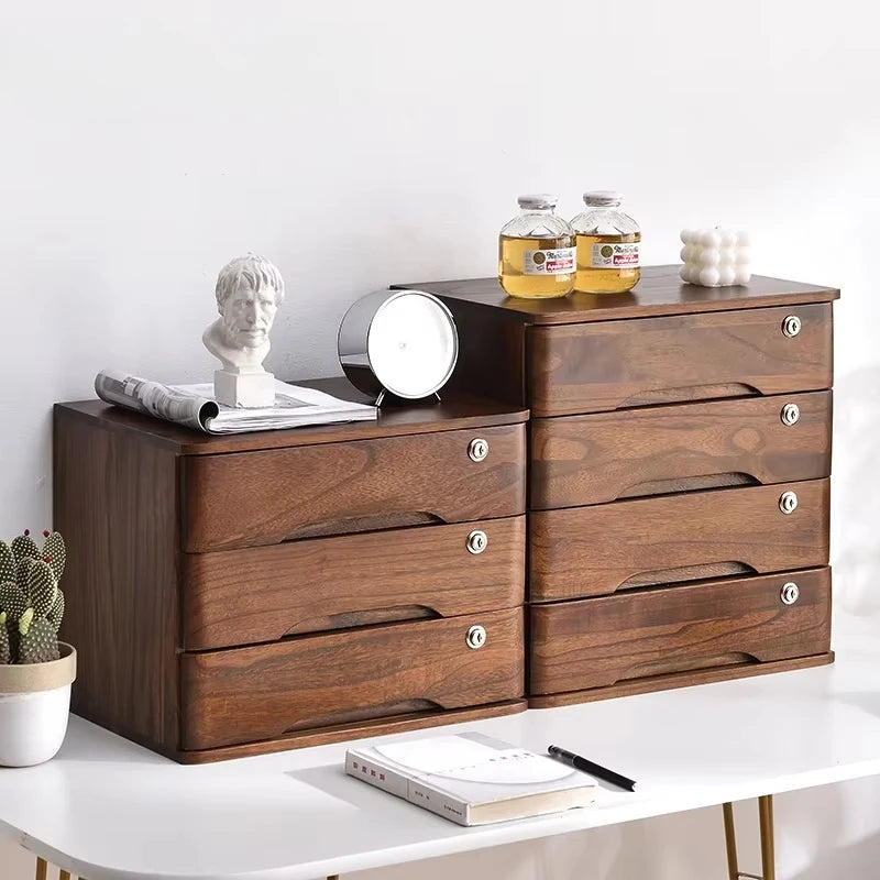 meuble tiroirs bois marron foncé blanc moderne minimaliste poignées métalliques rangement statuettes vases papier