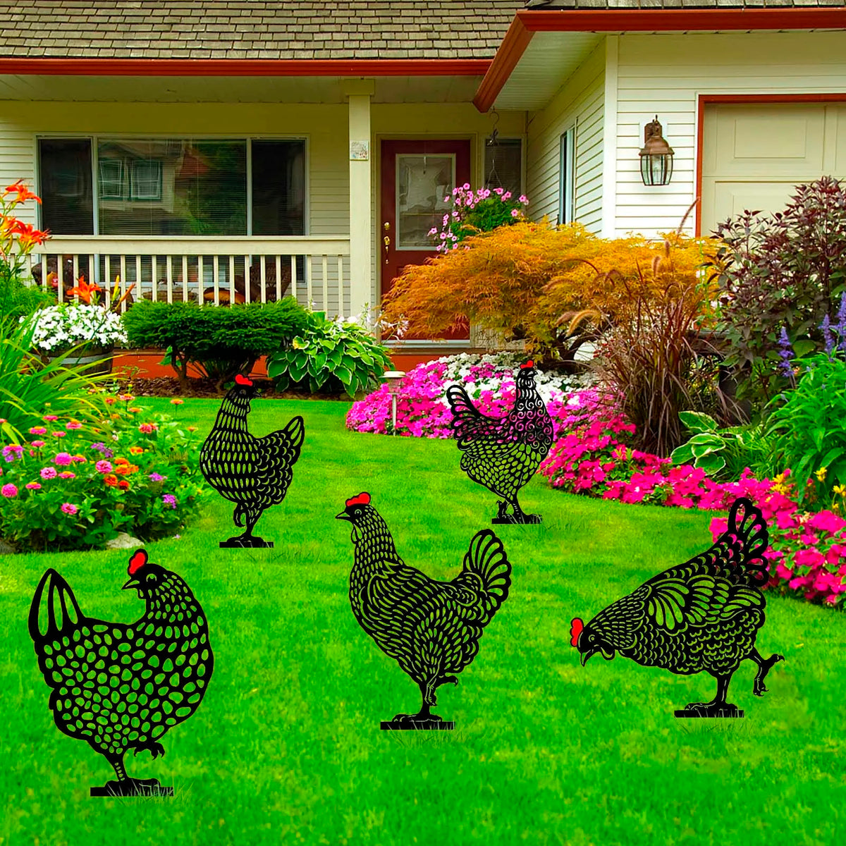 ornement jardin sculpture poule noire points blancs artisanal piquet métallique extérieur décoration