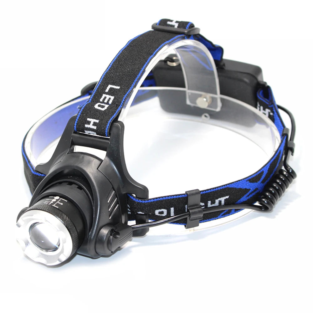 lampe frontale led rechargeable noir bleu rayures diagonales verre transparent mode zoom camping