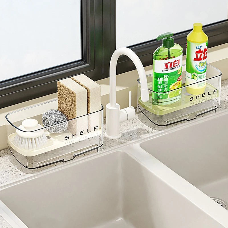 rangement cuisine étagère transparente moderne brosse vaisselle éponge détergent adhésif minimaliste