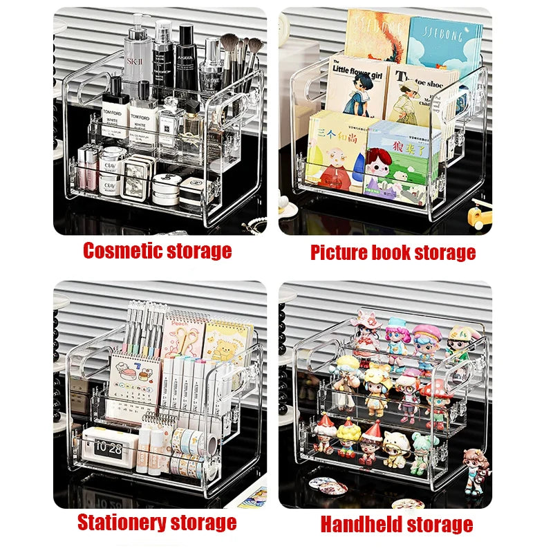 organisateur maquillage transparent acrylique moderne niveaux rangement palette fards poignées cosmétiques salle bain