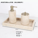 ensemble salle bain moderne marbre beige flacon savon désinfectant boîte cotons tiges rangement accessoires