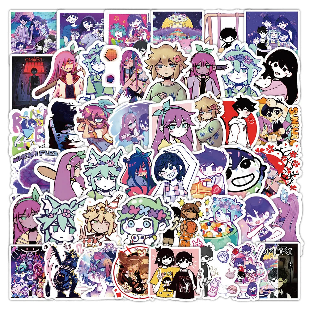 sticker anime personnages illustration manga violet noir blanc rose vert bleu rouge beige 10pcs