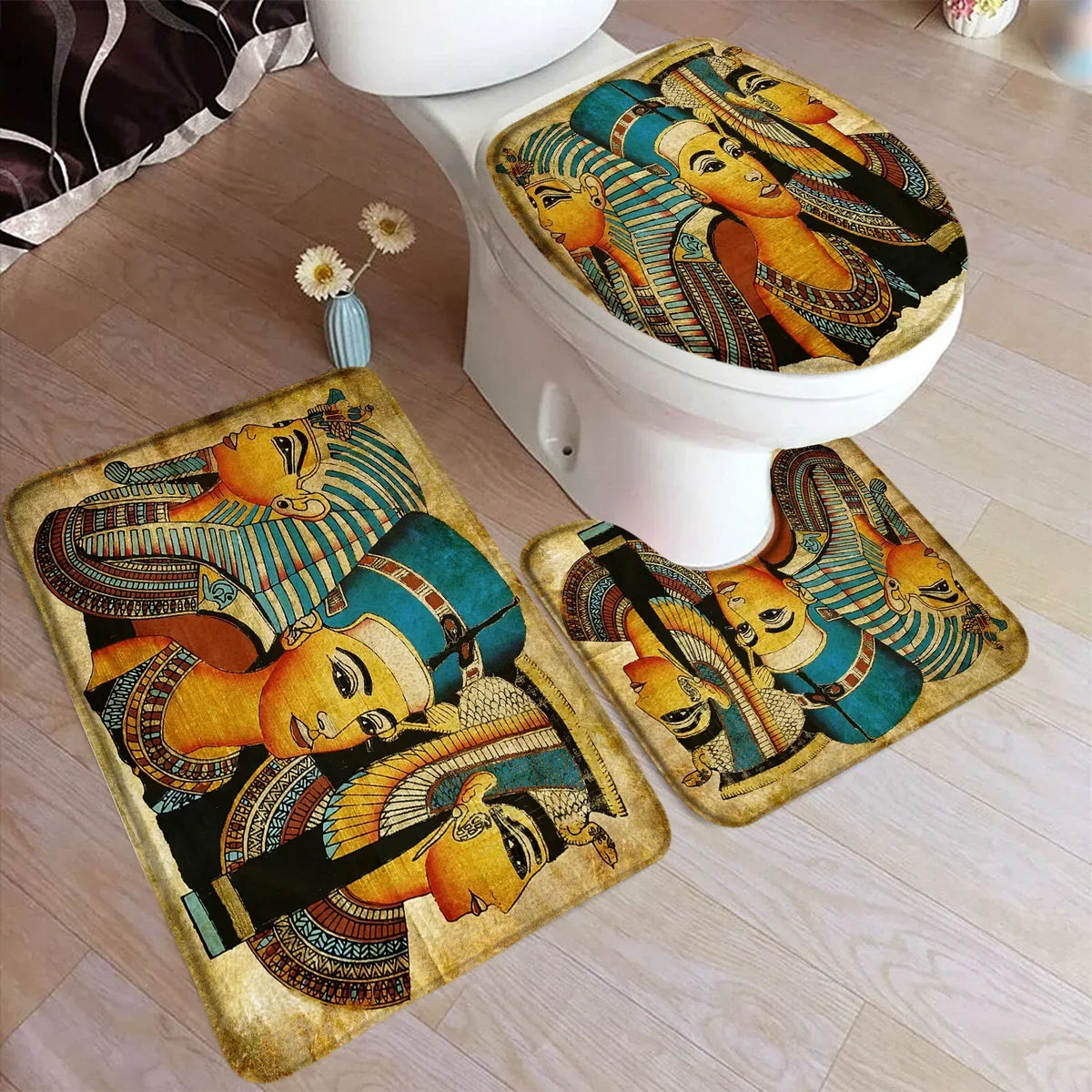 tapis toilette égyptiens motifs hiéroglyphes pharaons salle bain beige bleu rouge doré
