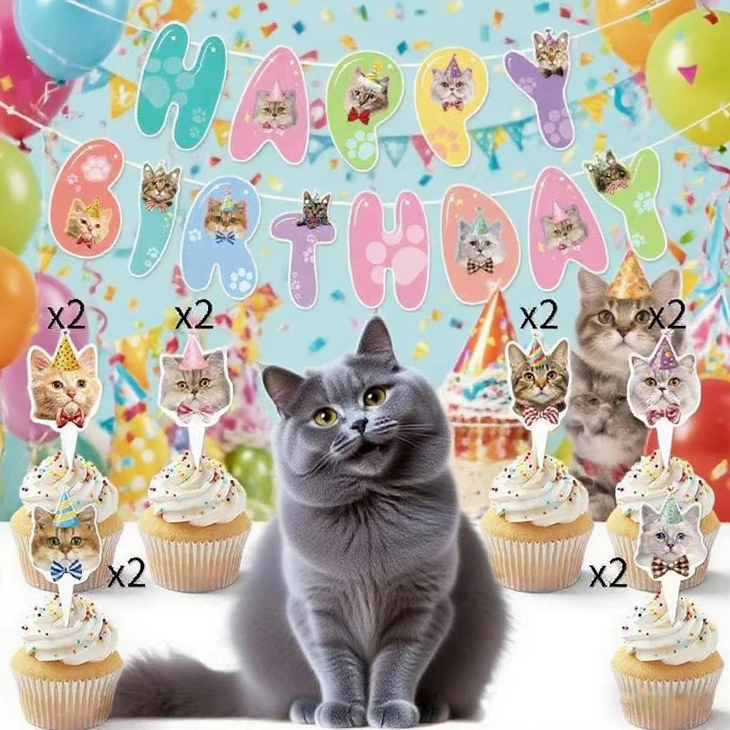 accessoires fête anniversaire multicolore chats chapeaux rubans motifs floraux guirlande lettres happy birthdayDecoration festive