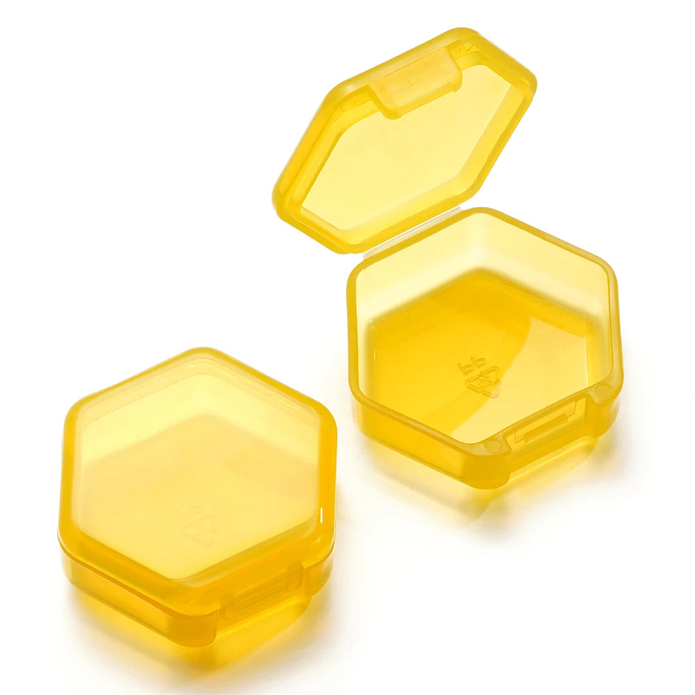 boîtes rangement hexagonnelles modernes transparentes clips colorées bleu noir vert orange violet rouge 42x46mm
