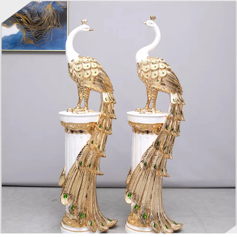 statues ornementales oiseaux plumes détaillées art déco modernes résine verte dorée salon chambre