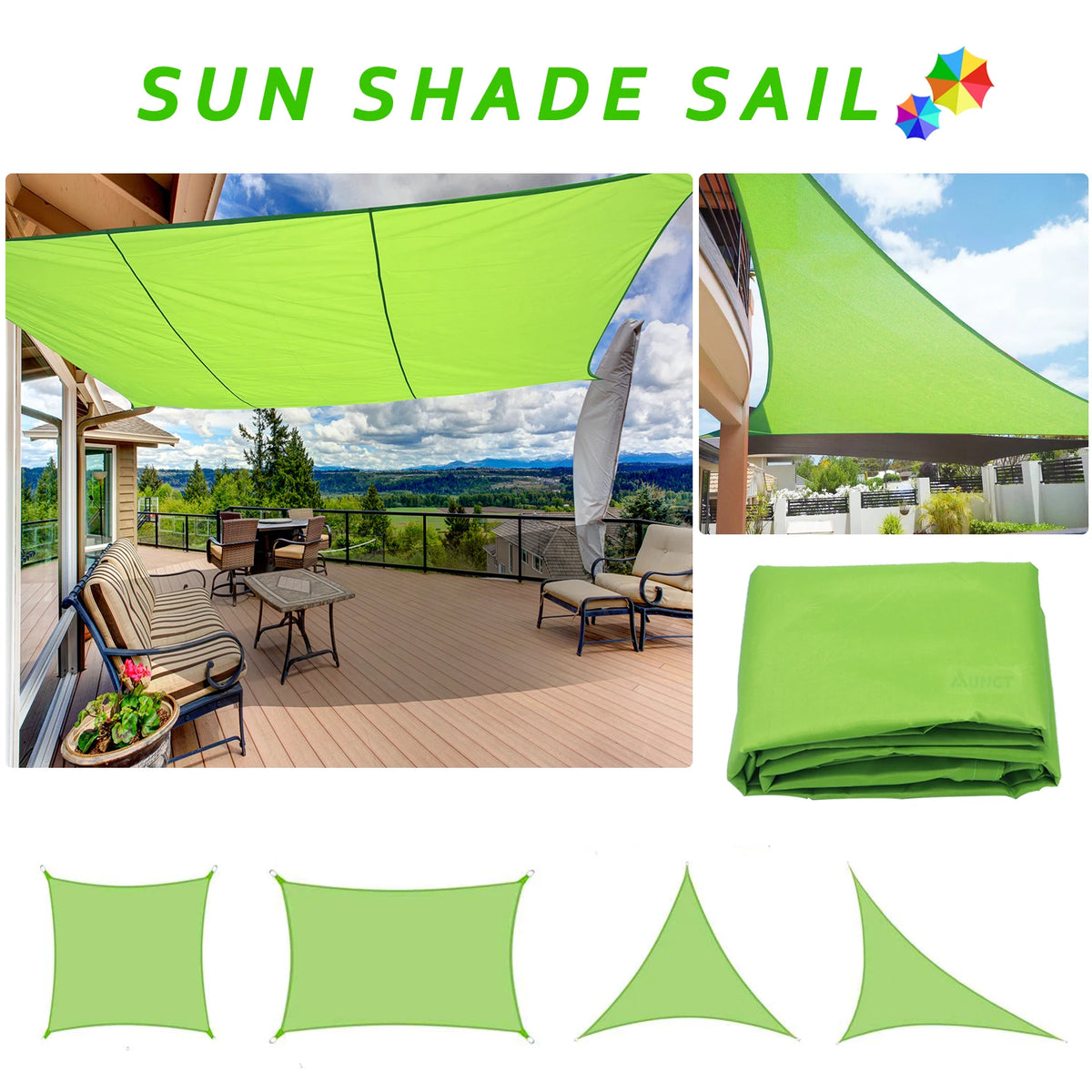 voile d'ombrage soleil vert clair imperméable terrasse jardin anneaux fixation