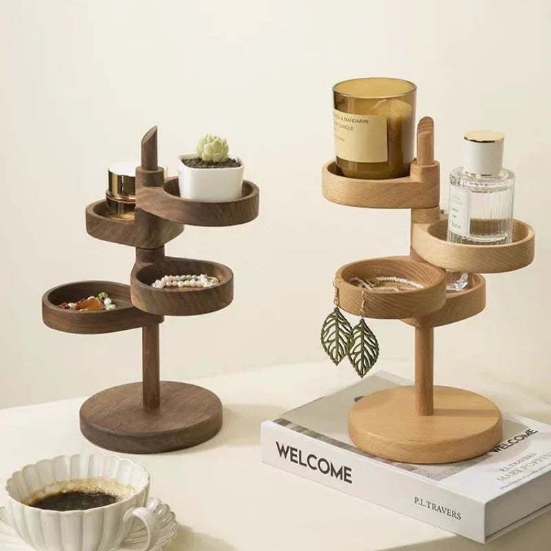 support bijoux rotatif bois naturel compartiments modernes minimaliste pince bijoux plante artificielle bouteille parfum