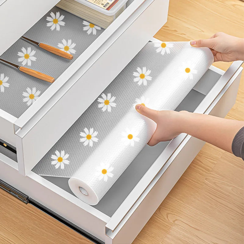 tapis rangement fleuri gris clair blanc jaune moderne anti moisissure tiroir armoire légèrement rugueux