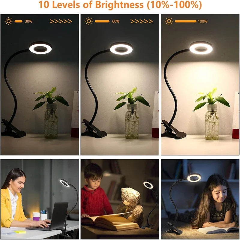 lampe clip flexible 360° noir réglable 10 niveaux luminosité USB