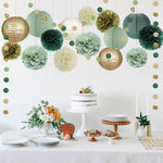 décoration fête anniversaire mariage pompons lanternes papier plissé vert beige blanc festive