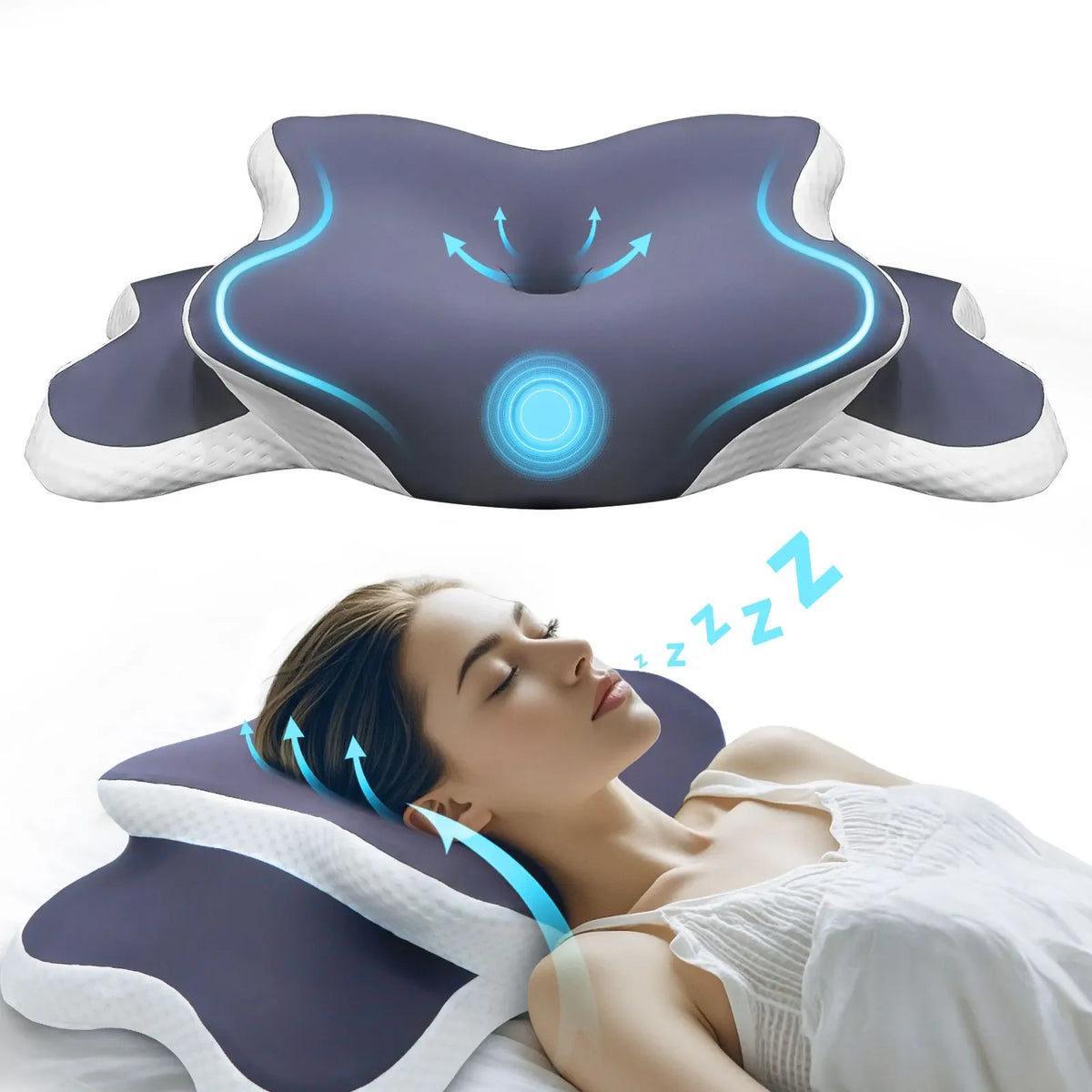 oreiller ergonomique mousse mémoire forme feuille bleu foncé alvéoles tête cou support moderne