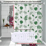 rideau douche feuilles tropicales blanc vert moderne opacité respectueux environnement cintres inoxydables