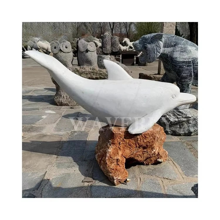 statue dauphin blanc sculpture marbre moderne jardin décoration main sculptéeextérieur fixe