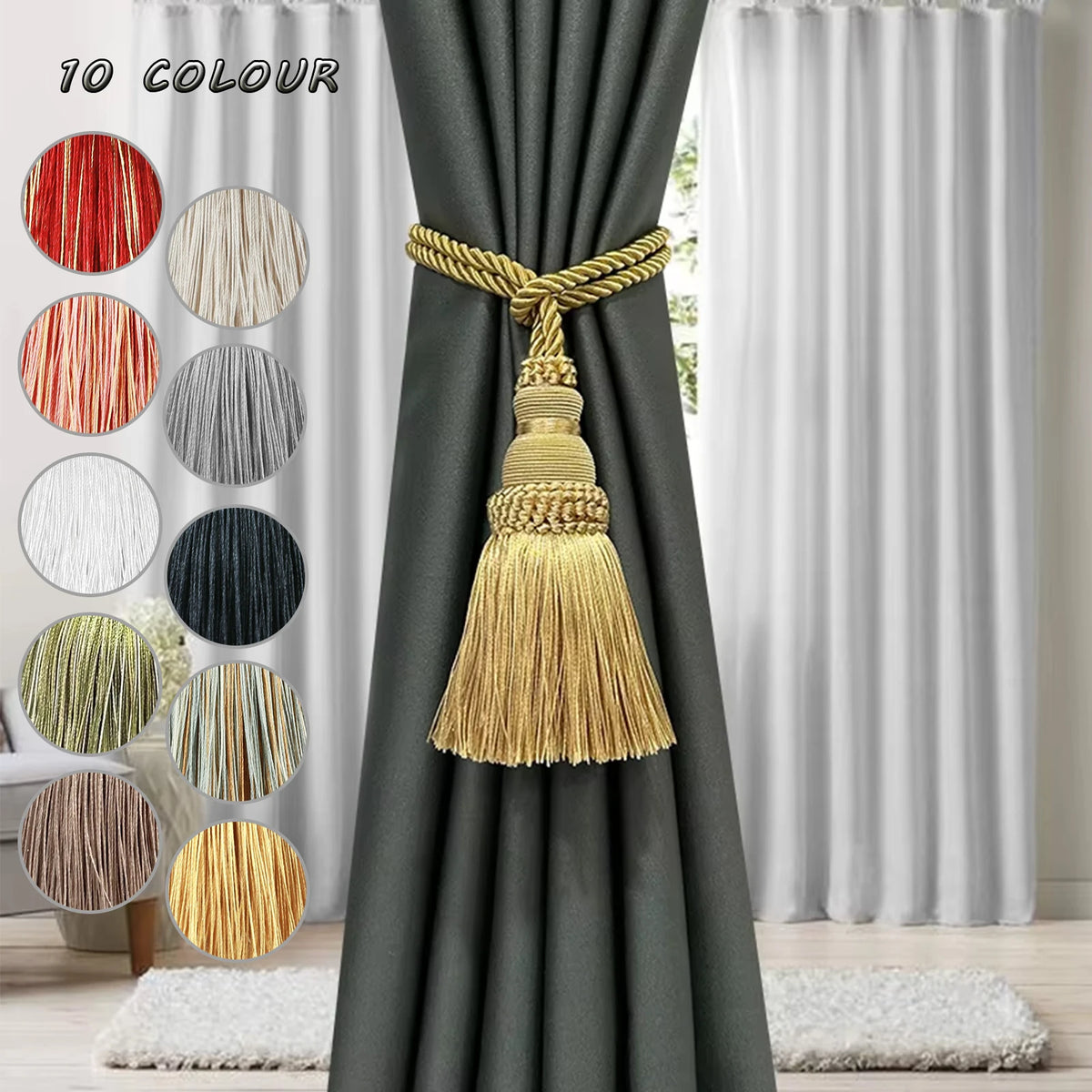 attache rideau pompon frange cordon décoratif classique élégant fenêtre salon maison moderne