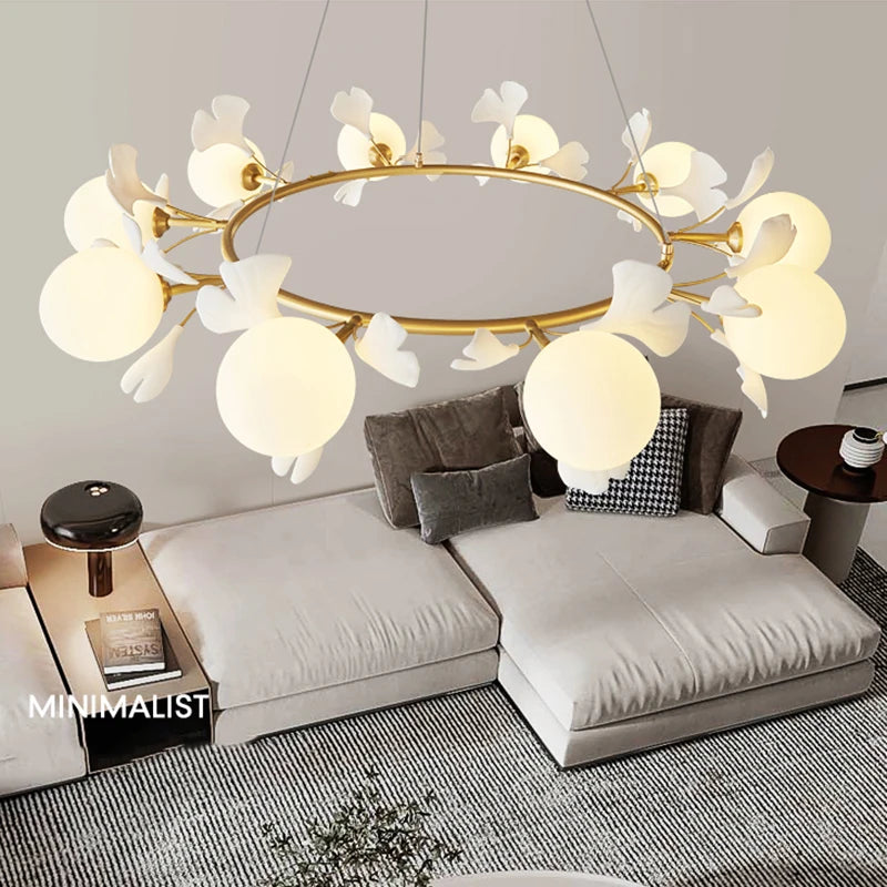 suspension lumineuse or contemporaine boules lumineuses opalescentes fleurs décoratives chambre coucher salon