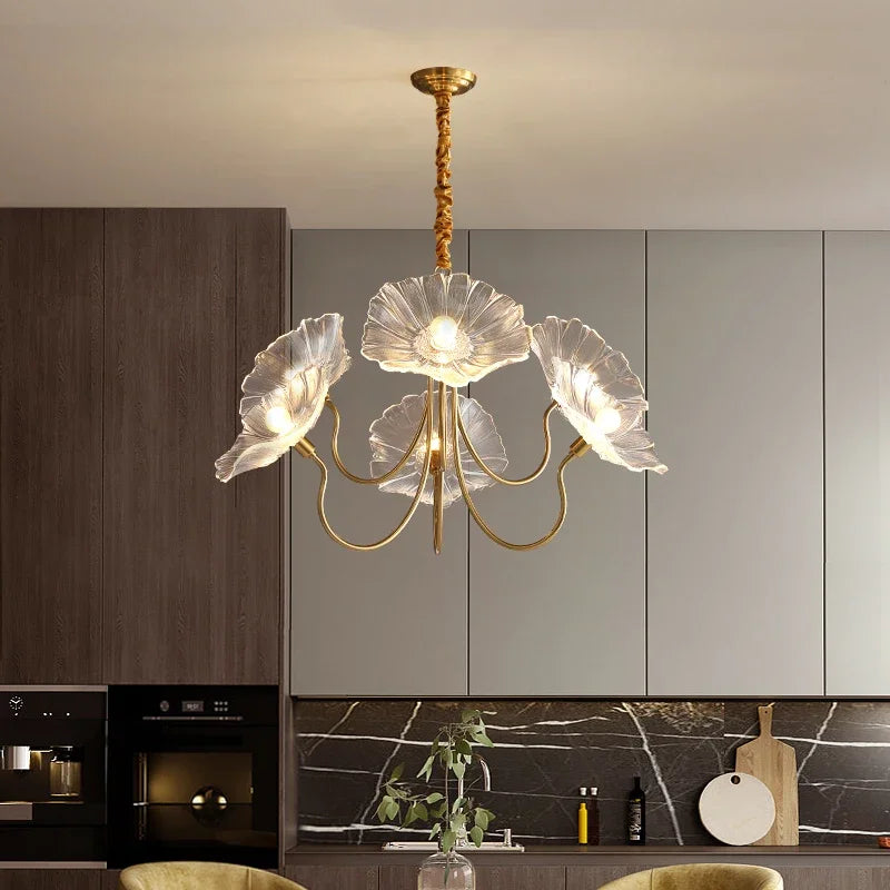 lustre moderne or rouge blanc feuilles florales translucides chambre salon