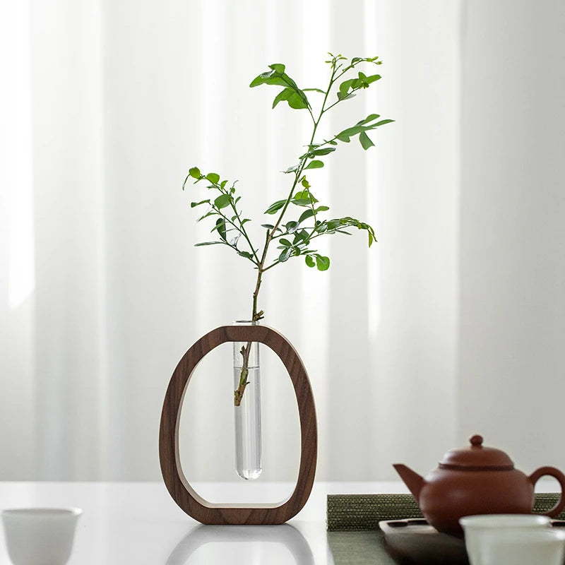 vase bois massif verre transparent minimaliste moderne plante fleur arrangement