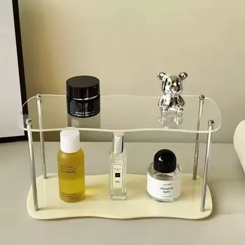 étagère deux niveaux transparente moderne pieds métalliques rangement parfum vaisselle décoratives multifonctionnelle salon