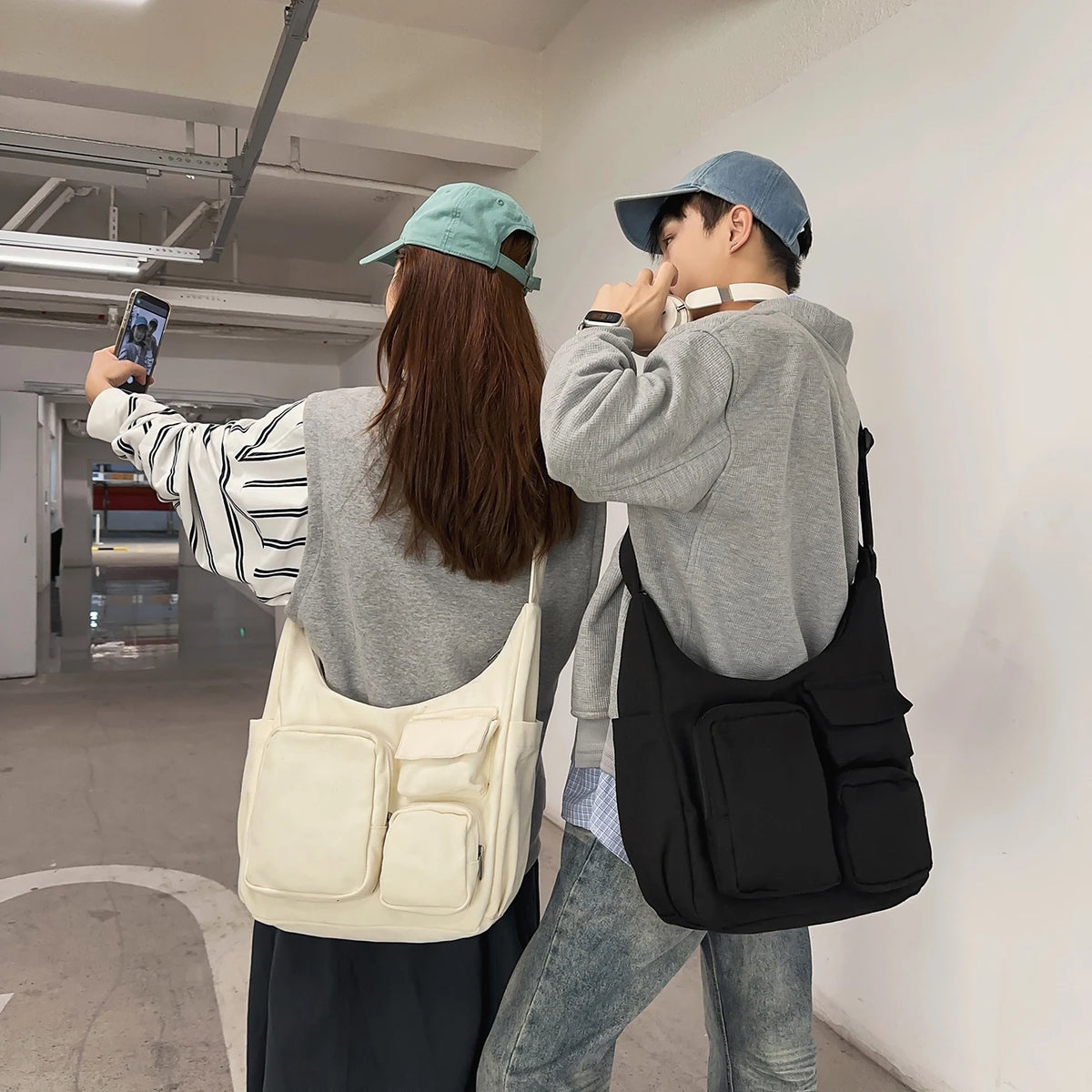 sac bandoulière toile unisexe marron clair poche intérieure zippée casual pratique poche avant multi