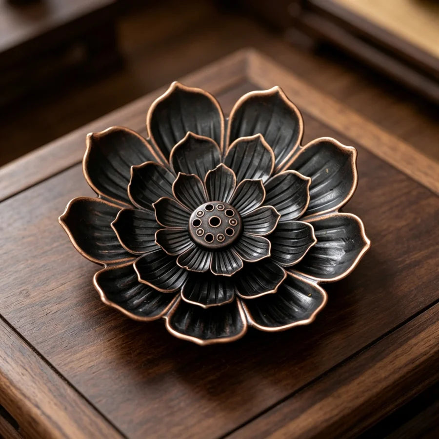 support incense lotus métal noir bronze doré décoration zen floral aromathérapie