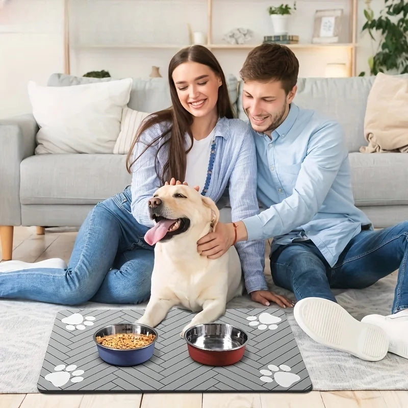 tapis nourriture chien gris rayures pattes diagonales absorbant durable deux bols alimentation