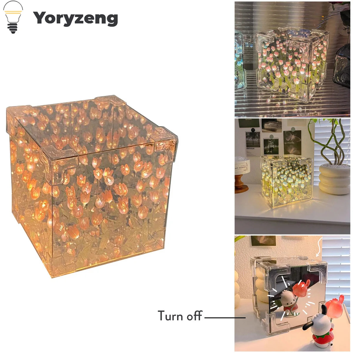 cube lumineux tulipes transparent moderne clips papier décoratif rubans pinceaux événementnels chambre festive