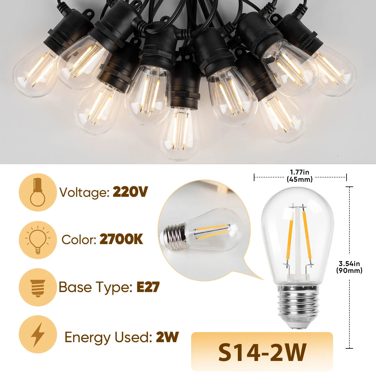 guirlande lumineuse led jaune 10m 10ampoules extérieur imperméable jardin festive