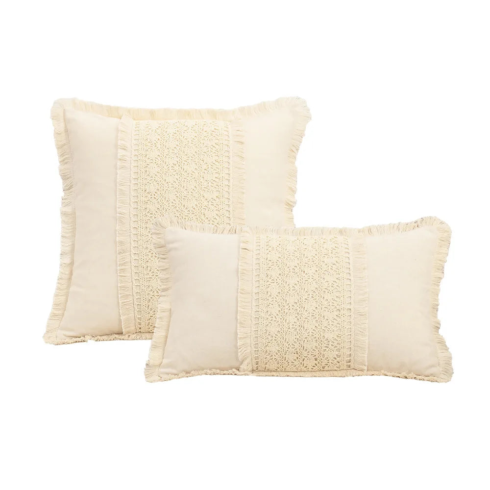 housse coussin bohème coton lin crochet beige vintage zippée maison canapé chaise voiture 45x45cm