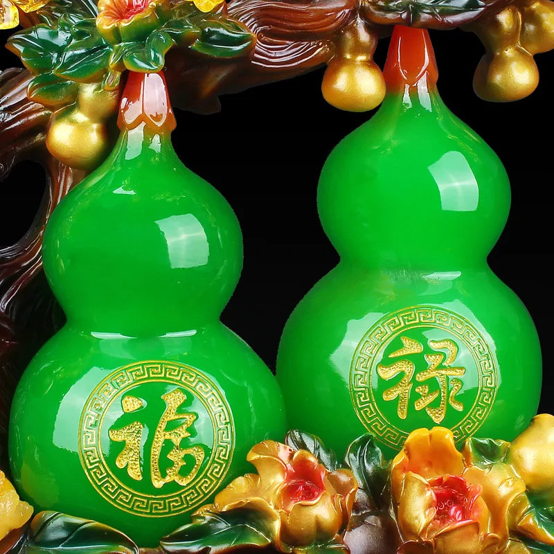 décoration chinoise gourdes sculptées feuilles cristal inscriptions traditionnelles verte rouge maison feng shui