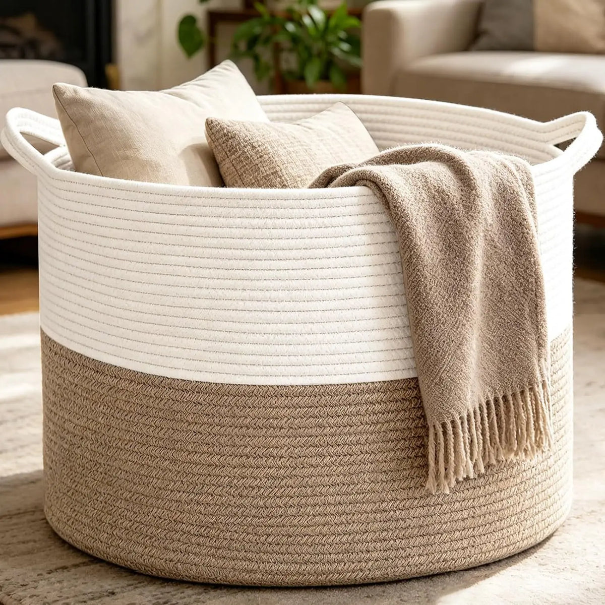 panier tissé coton beige gris moderne rangement jouets bébés chambre enfants poignées